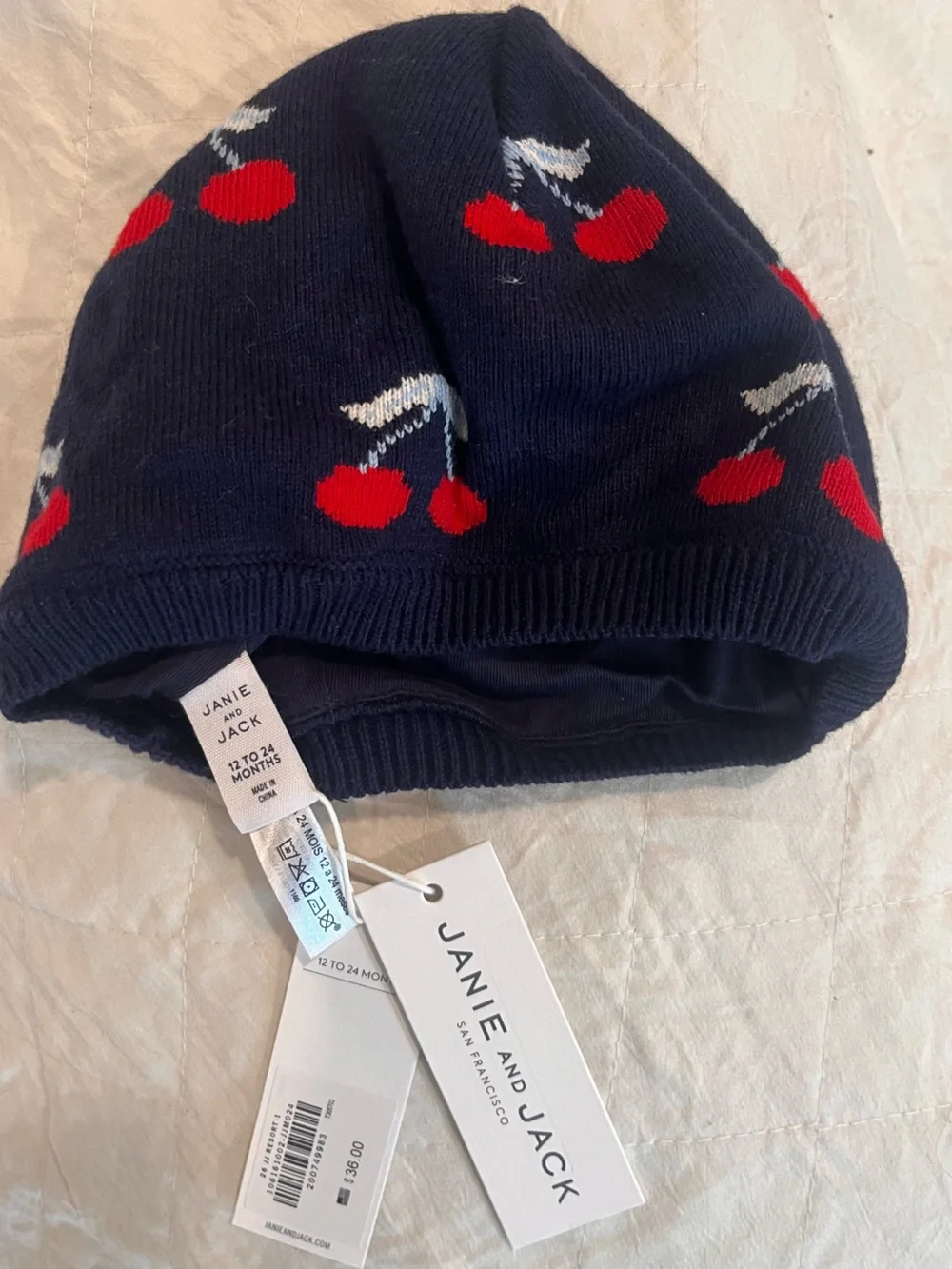 Janie and Jack Navy Beanie with Red Cherry Motif